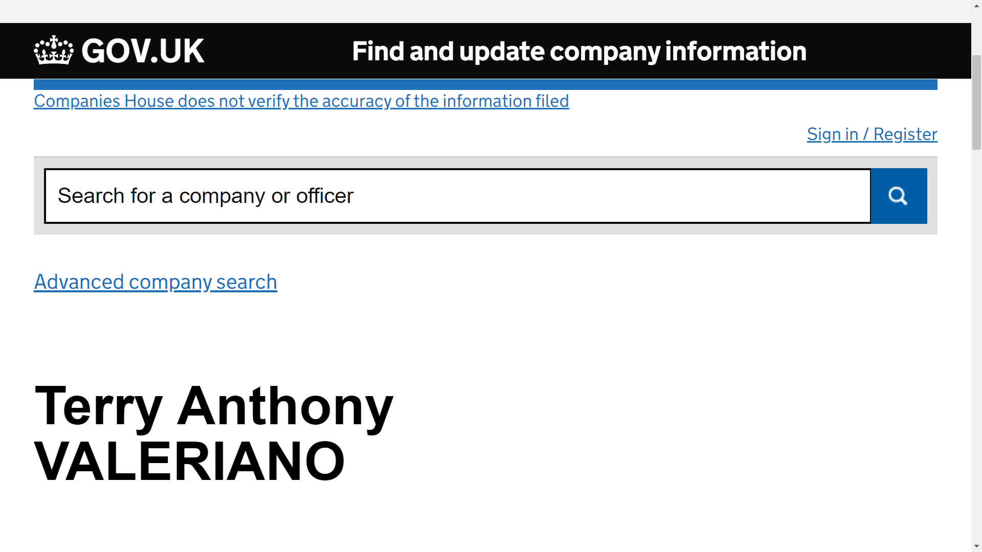 Terry Valeriano advanced search for company officers, government official website house